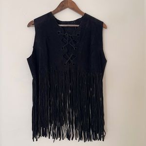 Suede leather fringe vest black
